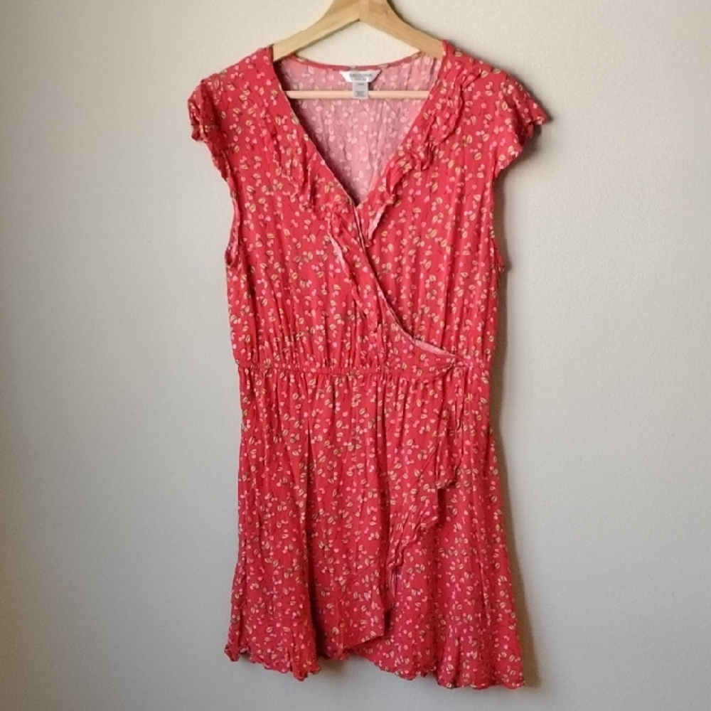 Arizona Jean Company Coral Pink Floral Wrap Mini Dress